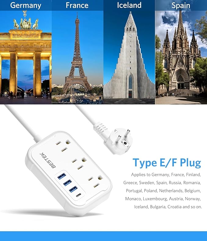 European Travel Plug Adapter - US to Europe Plug Adapter with 3 AC Outlets and 4 USB(1 PD20W) Type E/F - International Travel Adapter for USA to Germany France Spain Italy Iceland
