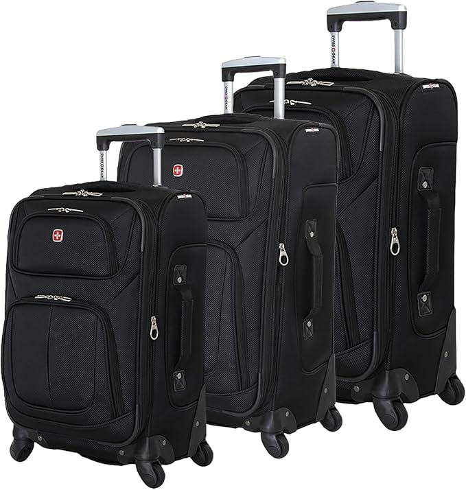 SWISSGEAR Sion Softside Expandable Spinner Luggage Durable Lightweight Travel Suitcase, Black, 3-Piece Set (Carry-On/Medium/Large)