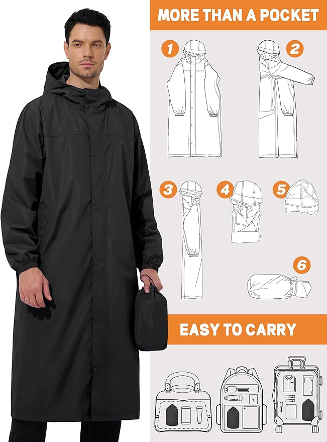 UIQUR Men's Rain Jacket Lightweight Long Raincoat Hood Rain Poncho Waterproof Windbreaker Cycling Running Hiking Packable