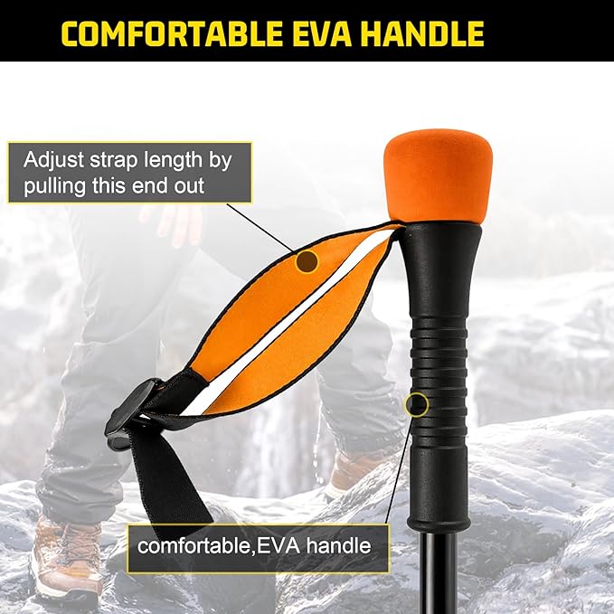 Aventik Fold-able Wading Staff Water Depth Safety Warning Sign Coated Stainless Steel Core T7075 Aluminum Body Corrosion Resistance Neoprene Sheath