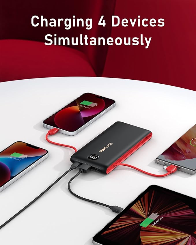 VEEKTOMX Portable Charger with Built in Cables 10000mAh, Power Bank for iPhone with AC Wall Plug, Fast Charging USB C Slim Battery Pack with LED Display Compatible with iPhone 17/16/15, Samsung