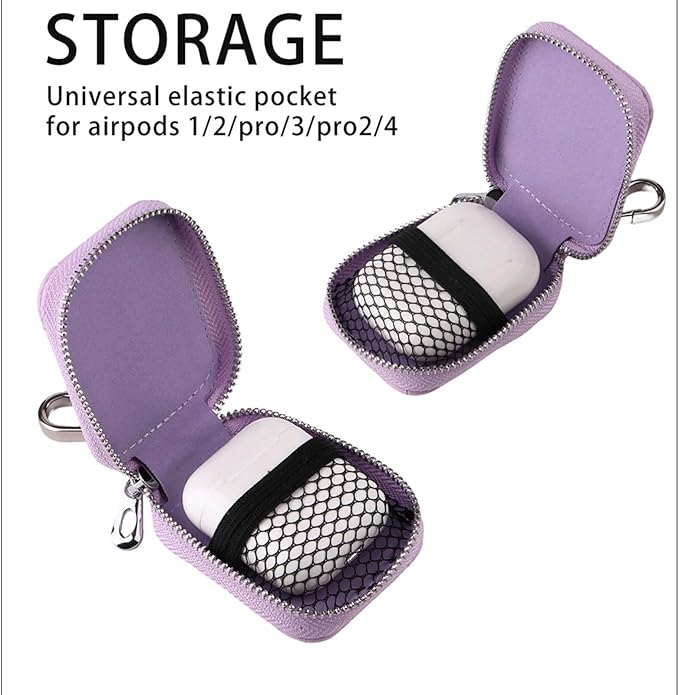 Earbud Case, Headphone Storage Case for AirPods 4/1/2/3/Pro 2, Leather Plaid Zipper Carrying Pouch Earbuds Bag with Keychain for Wireless Earphones, Wired Headphone & USB Cable Lattice Purple