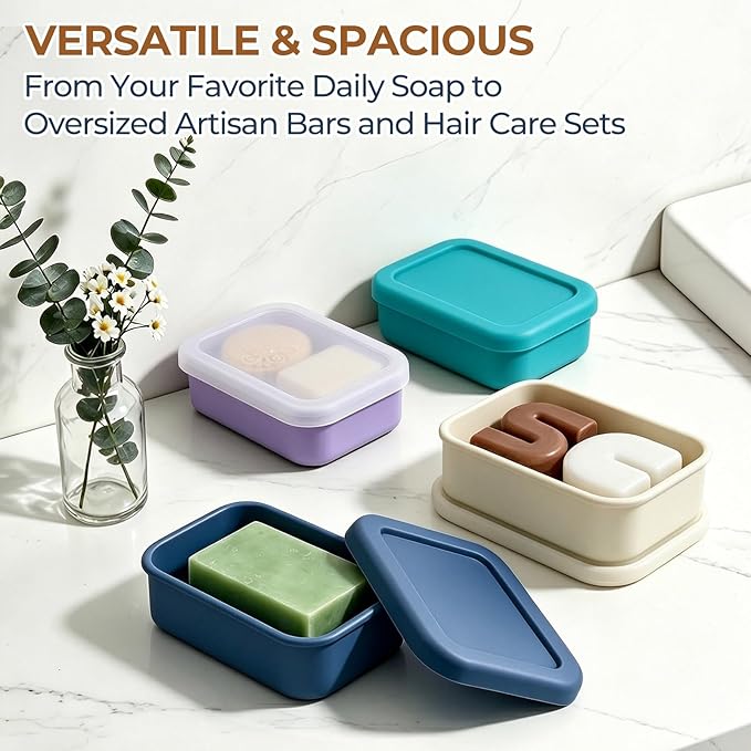 AIMAIAIMAI Silicone Shampoo Bar Travel Case with Drain Pad – Leak Proof Bar Soap Travel Case for 2 Bars, Shampoo & Conditioner Bar Holder for Camping, Gym | 1 Pack, Off-White