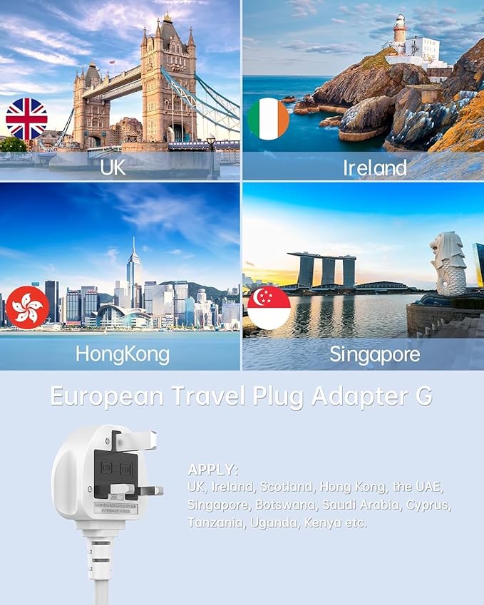 UK Travel Plug Adapter 13A Extension Cord, US to UK Type G C F International Power Adapter with 3 Outlets 3 USB Ports Travel Essentials Scotland London England British Irish Kenya Dubai Travel
