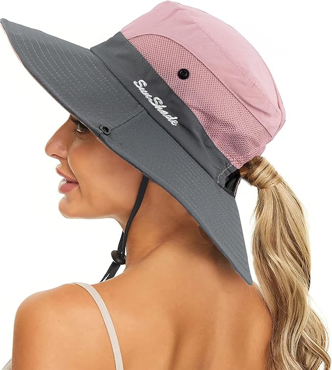 Women's Summer Sun-Hat Ponytail - Outdoor UV-Protection Mesh Wide Brim Foldable Hat with Ponytail Hole
