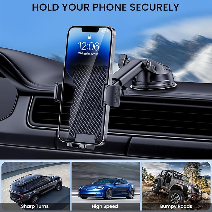 BIVGAZA Phone Holder Car [Military-Grade Suction] Universal Car Phone Holder Mount [Thick Case Friendly] Automobile Accessories Dashboard Windshield Phone Mount Fit for All iPhone Android Smartphones