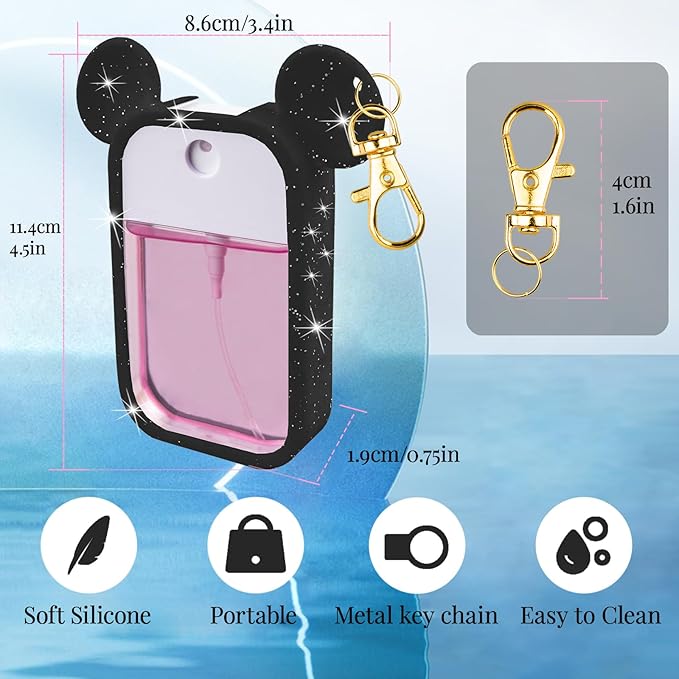 TERPINK 2 Pack Silicone Case Compatible with Touchland Hand Sanitizer Spray 1 fl oz, Mouse Design Protective Case with Keychain, Hand Sanitizer Spray Accessory (Glitter Sequin Black+Pink)