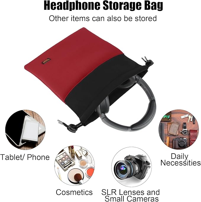 Portable Headset Carrying Pouch, Lightweight Headphone Storage Bag Headphone Case Bag Soft Travel Pouch for Over-Ear Headphones/Gaming Headsets/Neckband Earbuds (Large Red)