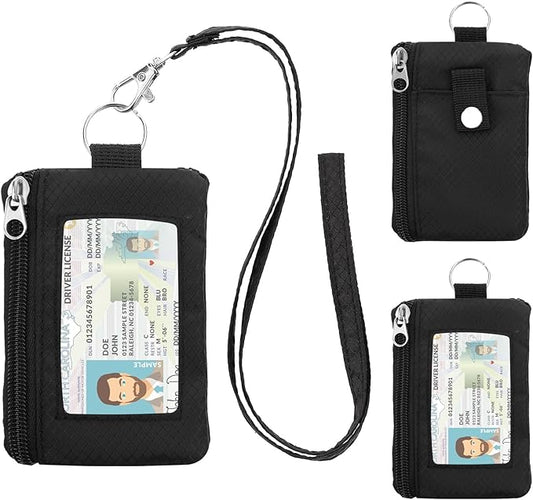 Minimalist RFID Wallet with Lanyard, Multi-Functional ID Case with 2 Zipper Pockets and Key Chain for Men and Women, Tactical Badge Pouch Cards Holder, Coin Purse for Travel Sports-Black
