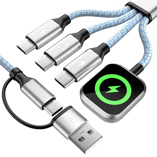 Travel Essentials Multi Charging Cable for iWatch Charger, 4in2 3XUSB C Cable Multiple Charger Cord, USBC Car CarPlay Cable Compatible with iWatch Ultra/11-1/iPhone 17-15/Galaxy S25-22, 5F Blue