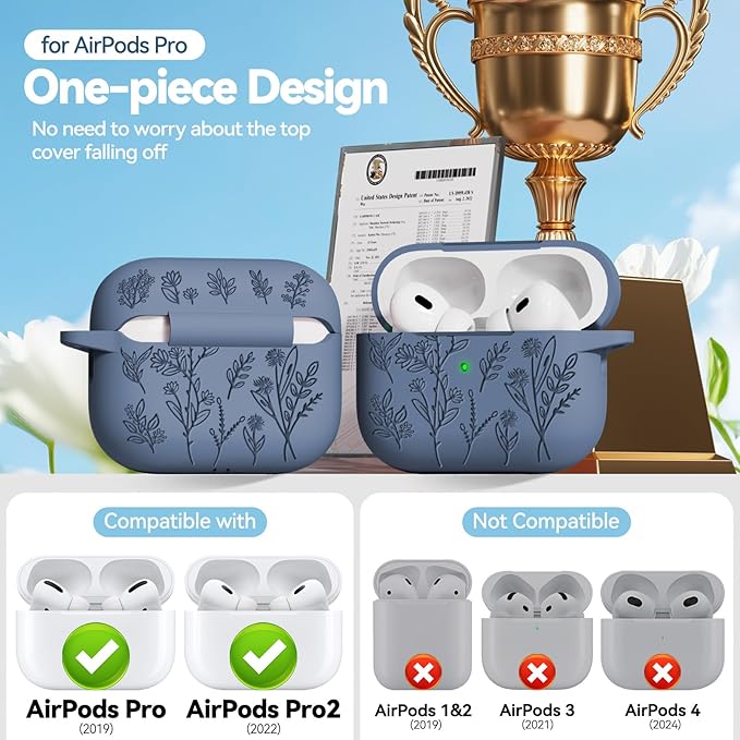 for AirPods Pro 2 Case, Ekoonpft Silicone AirPod Pro Cases with 3-in-1 Cleaning Kit & Keychain, Flower Engraved Cover for Apple AirPods Pro 2nd/1st Generation, Shockproof & Anti-Scratch