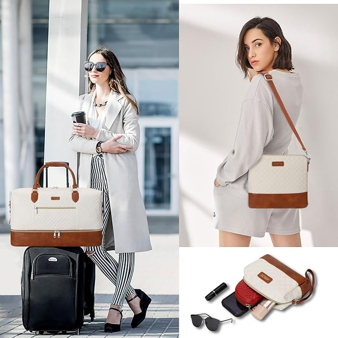 ITIEZY Weekender Overnight Bag for Women - Large Travel Duffel Bag with Shoe Compartment, Gym Duffel Bag Hospital Bag Carry On Tote Bags for Airplanes with Crossbody Bag Toiletry Bag 3Pcs Set