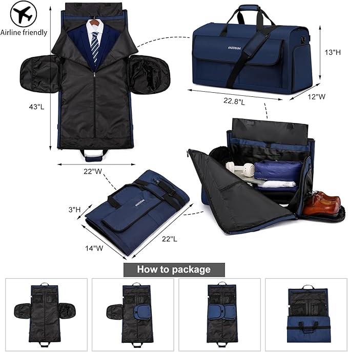 Convertible Garment Bags for Travel, Large Suit Bag Garment Duffle Bag with Shoulder Strap & Shoes Compartment, Carry On Garment Bag for Men Women-2 in 1 Hanging Suit Bags for Travel, Blue