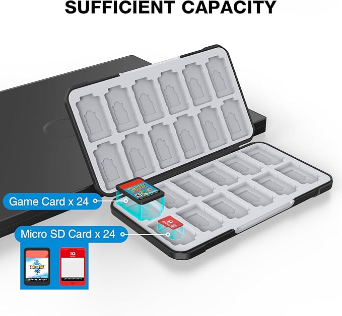 HEIYING Switch Game Case for Nintendo Switch 2 2025 /Lite/OLED, Black Memory Games Holder Case with 24 Game Card Slots and 24 Micro SD Cards Slots