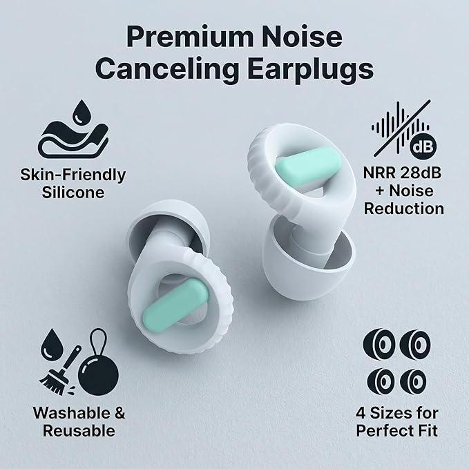 Ear Plugs for Noise Reduction – Reusable Silicone Earplugs with Filter Technology for Sleeping, Travel, Focus, Concerts & Motorcycling Ear Plug +8Tip (White-Green)