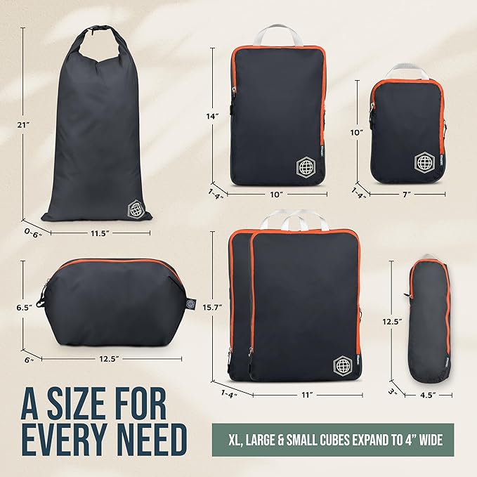 Large Compression Packing Cubes for Travel-Packing Cube Luggage Organizers 7 Piece Set for Checked Luggage-Ultralight, Expandable/Compression Bags by TRIPPED Travel Gear (Grey/Orange)