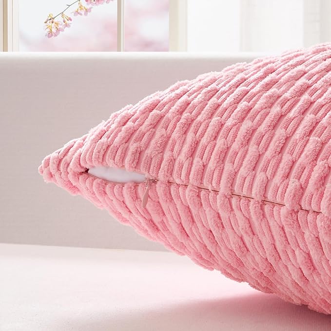 Kevin Textile Valentines 14x20 Inch Pillow Cover 1 Pack Boho Decorative Soft Striped Corduroy Lumbar Farmhouse Accent Rectangle Cushion Case for Living Room Couch Sofa Bed, Pink
