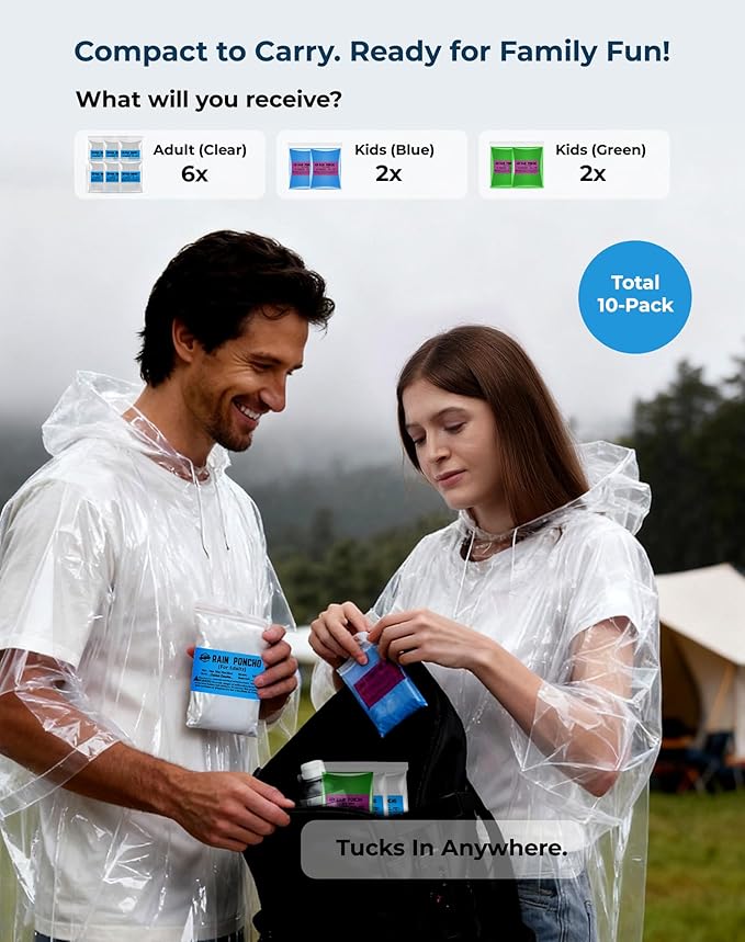 Disposable Rain Poncho Family 10 Pack for Adults & Kids with Hood - 2X-Thicker for Theme Parks, Travel & Outdoors