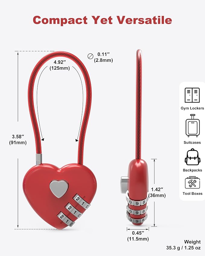 Small Combination Padlock, Cable Locks with Combination, Cute Padlock with Number, Combo Cable Lock for Luggage, Suitcase, Gym Locker, Backpack Zipper, Bag, Toolbox, Helmet, Travel Safe