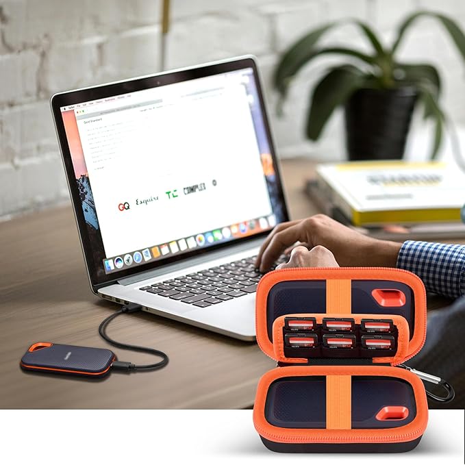 COMECASE Dual SSD Case for SanDisk Extreme Portable SSD & Extreme Pro, Hard Drive Storage Bag Fits 1TB 2TB 4TB 8TB External Solid State Drive, with 12 SD Card Slots, for Travel - Orange (Box Only)