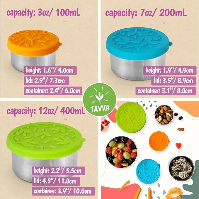 TAVVA Stainless Steel Lunch Containers [12oz/ 7oz/ 3oz] - BPA-Free Metal Lunchbox with Leakproof Silicone Lids - Lunch Box - Small Snack Food Containers with Lids - Dishwasher Safe