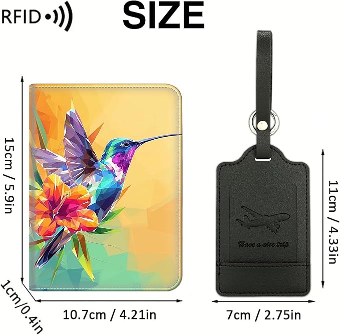 Passport Wallet, Passport Holder with RFID Blocking and Luggage Tag, Waterproof PU Leather Travel Documents Organizer Case, Passport Covers with Card Slot for Women Men,Colorful Hummingbird Abstract