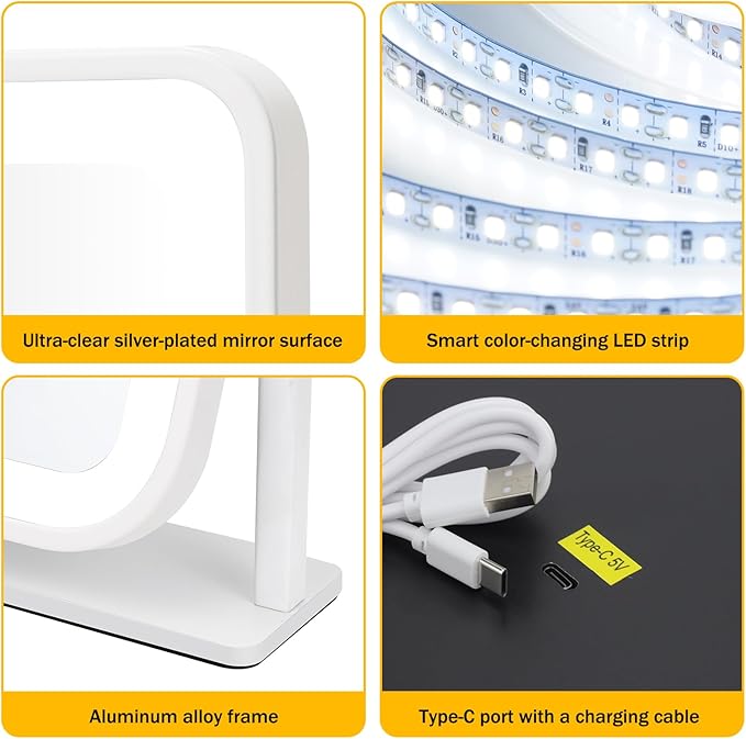 Rechargeable Vanity Mirror with Lights, 1500mAH, 10"×9" Makeup Mirror with Lights, Smart Touch with 3-Color Lighting, 360° Rotation, Portable LED Desk Mirror, Bedroom (White)