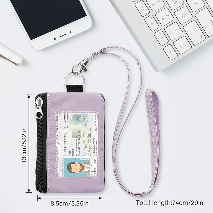 Minimalist RFID Wallet with Lanyard, Multi-functional ID Case with 2 Zipper Pockets and Key Chain for Men and Women, Tactical Badge Pouch Cards Holder, Coin Purse for Travel Sports - Purple&Pink
