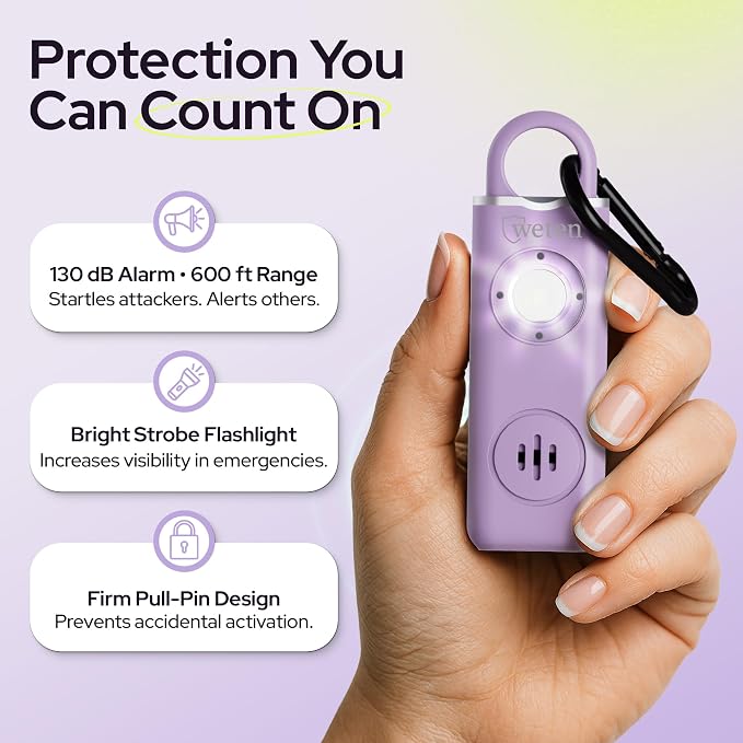 Personal Alarm for Women Safety - 130dB Loud Rechargeable Keychain Siren - LED Light, Carabiner Clip, Low Battery Alert, USB-C Charging TSA Safe Self Defense Alarm by Weten (Lavender)
