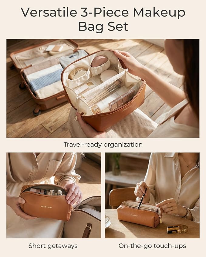 BAGSMART Makeup Bag Travel 3 Pcs Set Cosmetic Bag, Large Make Up Bag Flat Open Toiletry Bag for Women, PU Leather Travel Essentials Organizer Case, Wide-open Pouch for Skincare, Brushes, Nude Pink