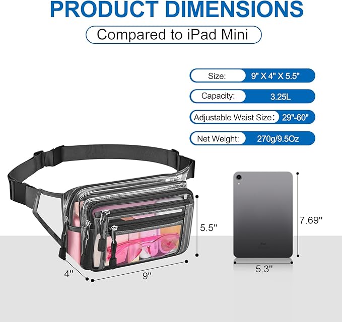 Clear Bag Stadium Approved Clear Fanny Pack for Women for Work,Multi-purpose Waist Bag for Travel & Sporting Event
