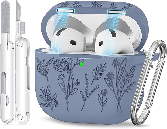 for Airpods 4 Case with Magnetic Lid, Ekoonpft Flower Engraved Cases for Apple AirPods 4th Generation 2024, Soft Silicone Cover for Women Girly with Cleaning Kit & Keychain, Shockproof