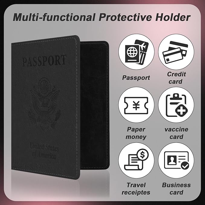 Black and Pink Passport Holder for Travel, 2 PCS Passport Holder, Travel Passport Holders Must Haves for Women Men, Passport Cover Passport Wallet Case Holders for Travels Cruise Ship Essentials Gifts