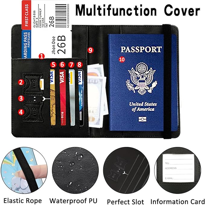 Passport Wallet, Passport Holder with RFID Blocking and Luggage Tag, Waterproof PU Leather Travel Documents Organizer Case, Passport Covers with Card Slot for Women & Men, Cute Cartoon Elephant