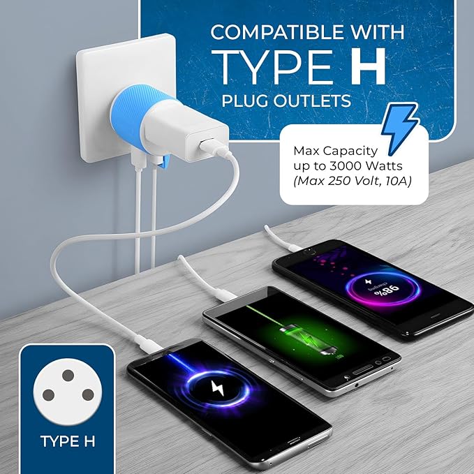 OREI 3 in 1 Israel Plug Adapter (Type H Adapter) with Dual USB for Charging – Does Not Convert Voltage - Israel Adapter Plug with Type B Input, Compatible in Palestine, Gaza Strip & Israel (U2U-14)