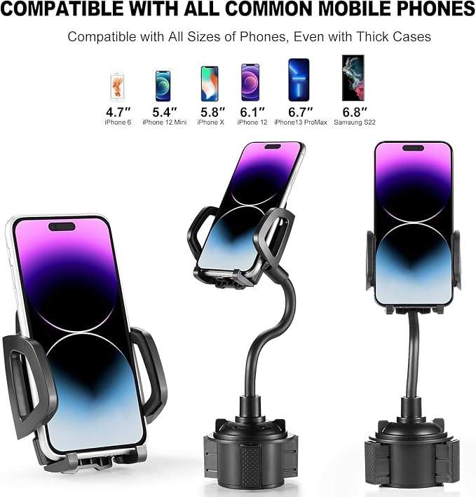 YUHENG Car Cup Holder Phone Mount, 360° Rotating Adjustable Gooseneck, Universal Cupholder Cell Phone Cradle for iPhone Samsung, Secure Fit, One-Touch Release