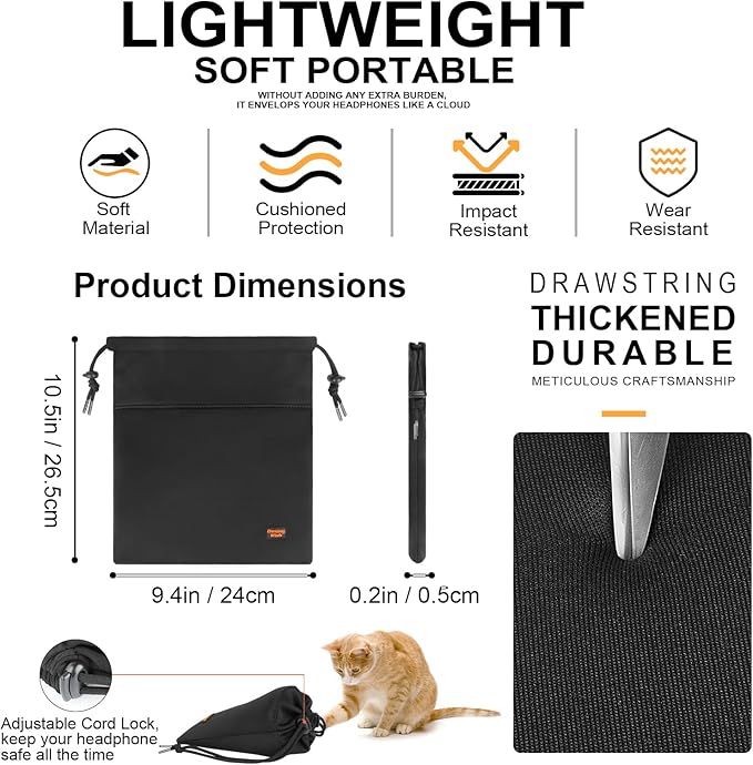 Lightweight Headphone Storage Bag, Portable Headset Carrying Pouch Headphone Case Bag Soft Travel Pouch for Over-Ear Headphones/Gaming Headsets/Neckband Earbuds (Large Black)