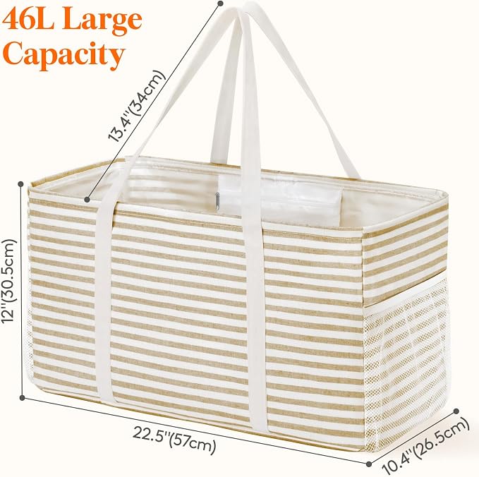 Lifewit 3 Pack Extra Large Tote Bag, Reusable Grocery Bags with Metal Wire Frame and Handles, Standing Utility Foldable Shopping Bags for Storage, Picnics, Beach, Pool, Laundry, Car, Camping, Beige