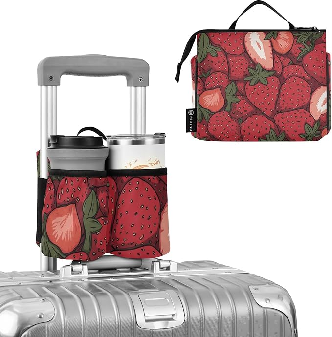 Luggage Cup Holder for Suitcases Free Hands Suitcase Cup Holder Travel Luggage Drink Holder Portable Luggage Cup Caddy Bag Carrier with Handle Cartoon Red Strawberry