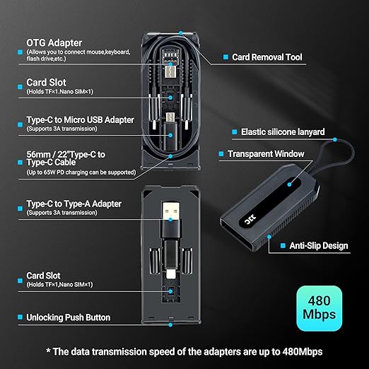 JJC 5 in 1 Data Cable Adapter Travel Kit,Data Transfer Cable Storage with Micro USB Type-A OTG Adapter,1.8ft Data Charger USB C Cable,Multi Charging Cable Adapter Set,Hold 2 Micro SD 2 Nano SIM Card