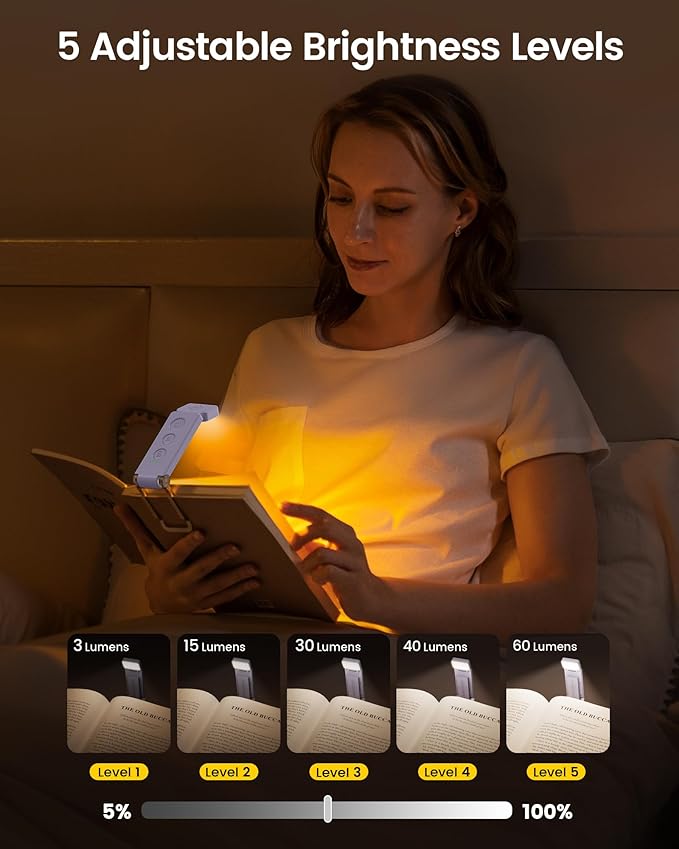 Glocusent 12 LED Rechargeable Book Light, Clip-on Reading Light with 5 Colors & 5 Brightness Levels, Up to 100Hrs Runtime, Eye-Caring Reading Lights for Books in Bed, Perfect for Book Lovers, Kids