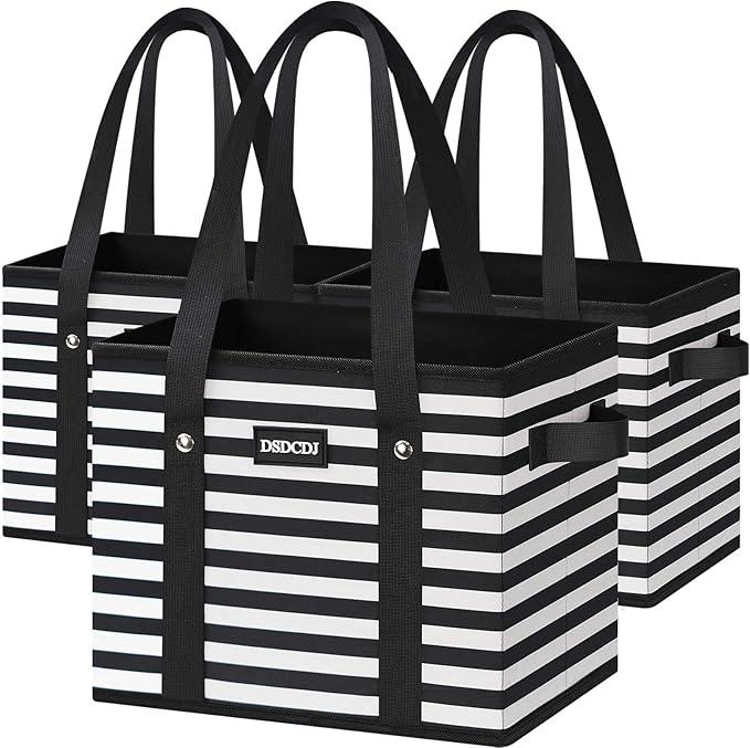 Reusable Grocery Bags 3 Pack - Heavy Duty Reusable Shopping Bags with Hard Bottom & Long Handles, Foldable Utility Tote Bag with Box Shape to Stand Up, 13x10.23x11in, Stripe Black