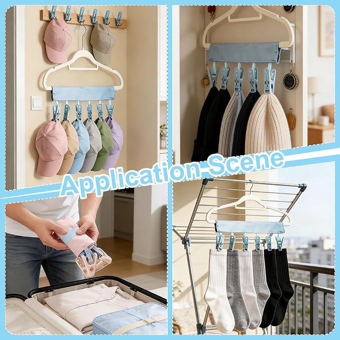 WADORN 4 Pack Travel Hanger Clips, Baseball Cap Hangers with 6 Clips Foldable Clothes Hanger Clip Compact Folding Sock Clip for Swimsuit Towel Underwear Dorms Camping Fits All Size Hangers, Blue