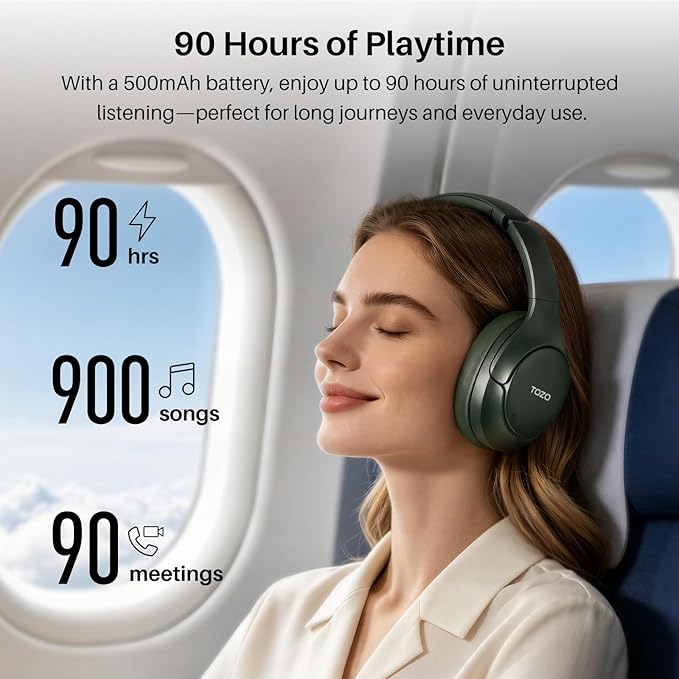 TOZO HT3 Hybrid Noise Cancelling Headphones, 90H Battery Life Wireless Over Ear Bluetooth 6.0 Foldable Headset, AI Voice Assistant with 5 Mics, Connect 2 Devices and Hi-Res Sound, 32 EQ Audio Presets