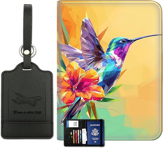 Passport Wallet, Passport Holder with RFID Blocking and Luggage Tag, Waterproof PU Leather Travel Documents Organizer Case, Passport Covers with Card Slot for Women Men,Colorful Hummingbird Abstract