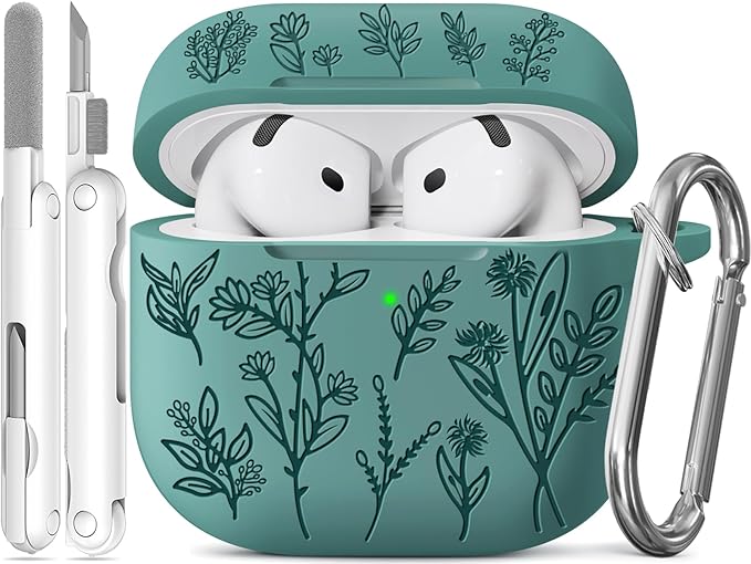 for Airpods 4 Case, Ekoonpft Flower Engraved Cases for Apple AirPods 4th Generation 2024, Soft Silicone Cover for Women Girly with 3-in-1 Cleaning Kit & Keychain, Anti-Scratch, Shockproof