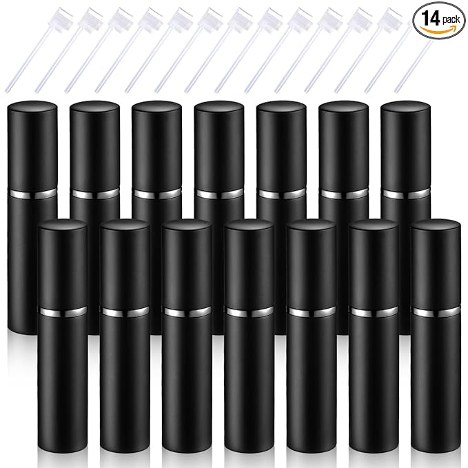 Boao 14 Pcs 10ml Perfume Travel Refillable Atomizer Black Mini Fragrance Sample Cologne Dispenser Glass Lined Portable with Refill Pump Coffee Spray Bottle for Women Men Outgoing Traveling
