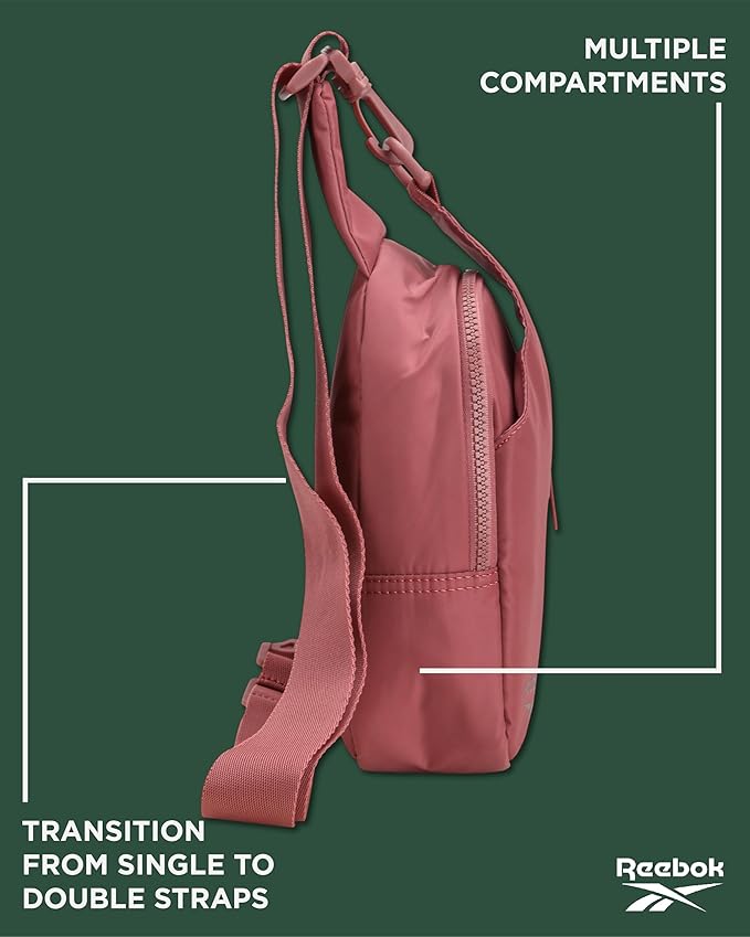 Reebok Unisex Crossbody Bag - Convertible Compact Durable Cross Body Bag for Women and Men - Gym and Travel Essentials, Size One Size, Berry Rose