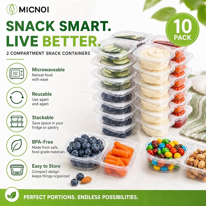 10 Pack Snack Containers, Reusable 2 Compartment Condiment Containers with Lids, Ideal for On-the-Go Mini Sauce Boxes & Snack Prep Containers for Kids and Adults, BPA-Free