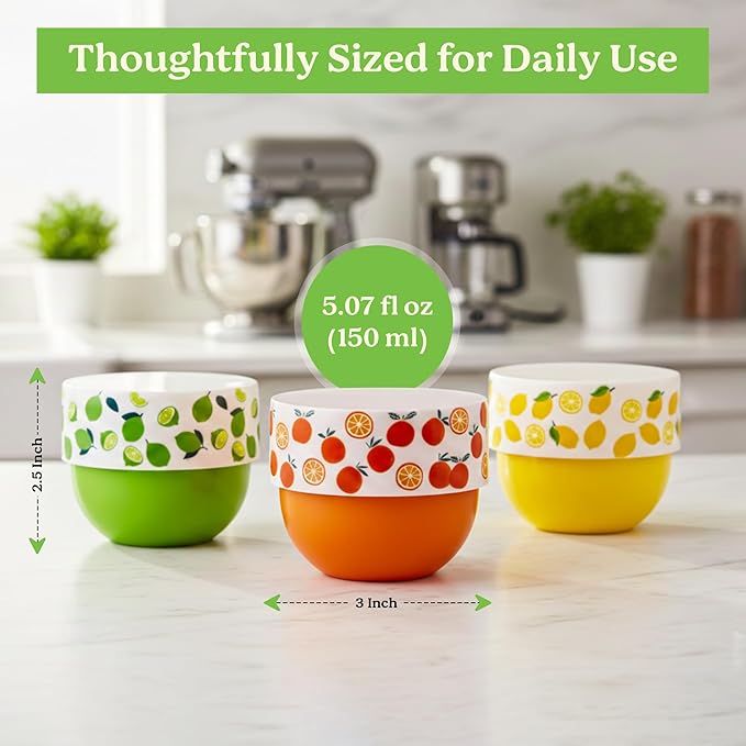Snack Containers (4 Set) - 4.75 Oz Small Food Storage Cups with Lids - Fruit, Nuts, Sauce, Condiments & Salad Container for Lunch Box - (3 COLORS-5 Oz)